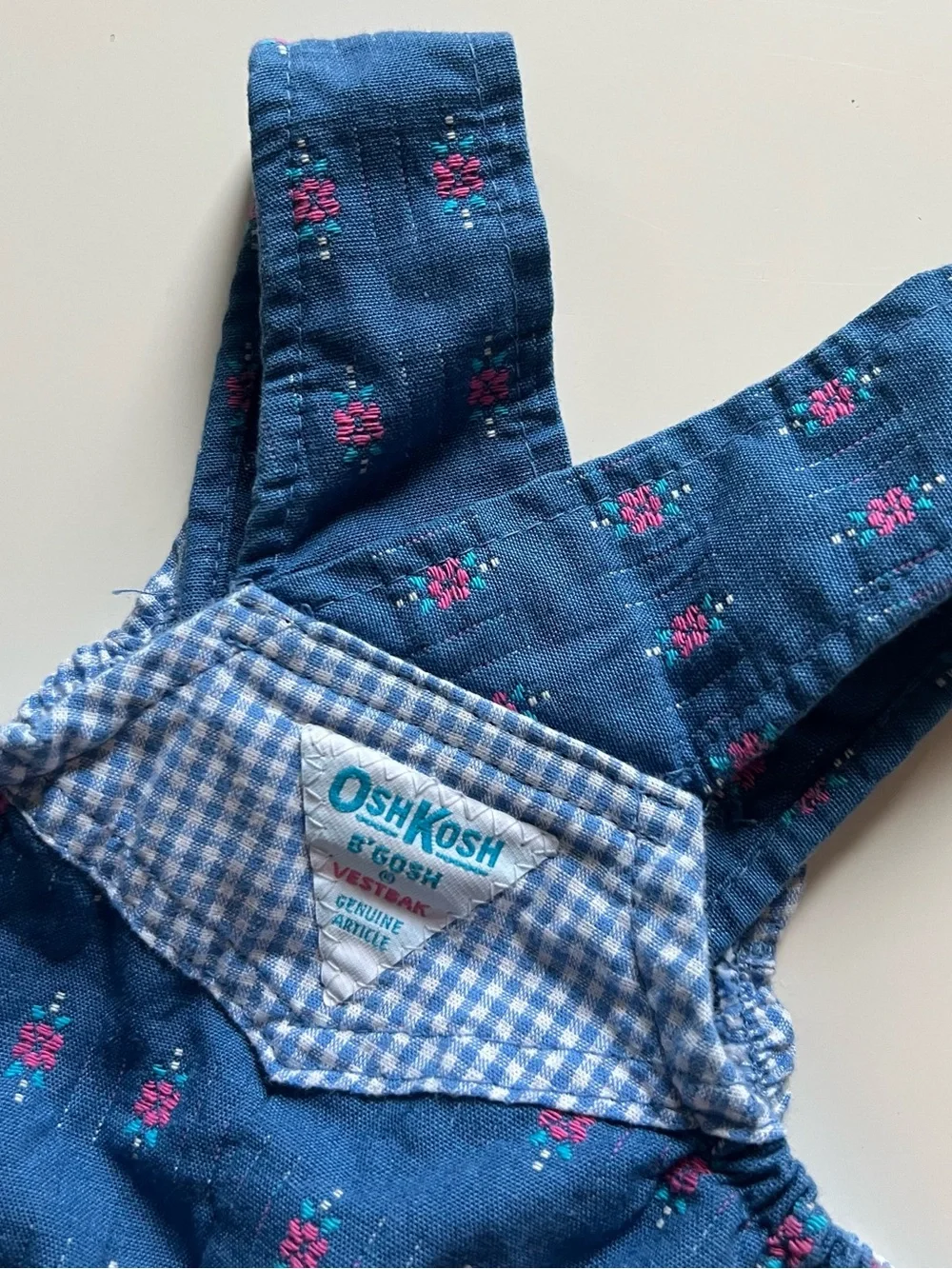 Vintage Oshkosh B’Gosh Denim Floral Overall Bubble Romper 12m USA Made